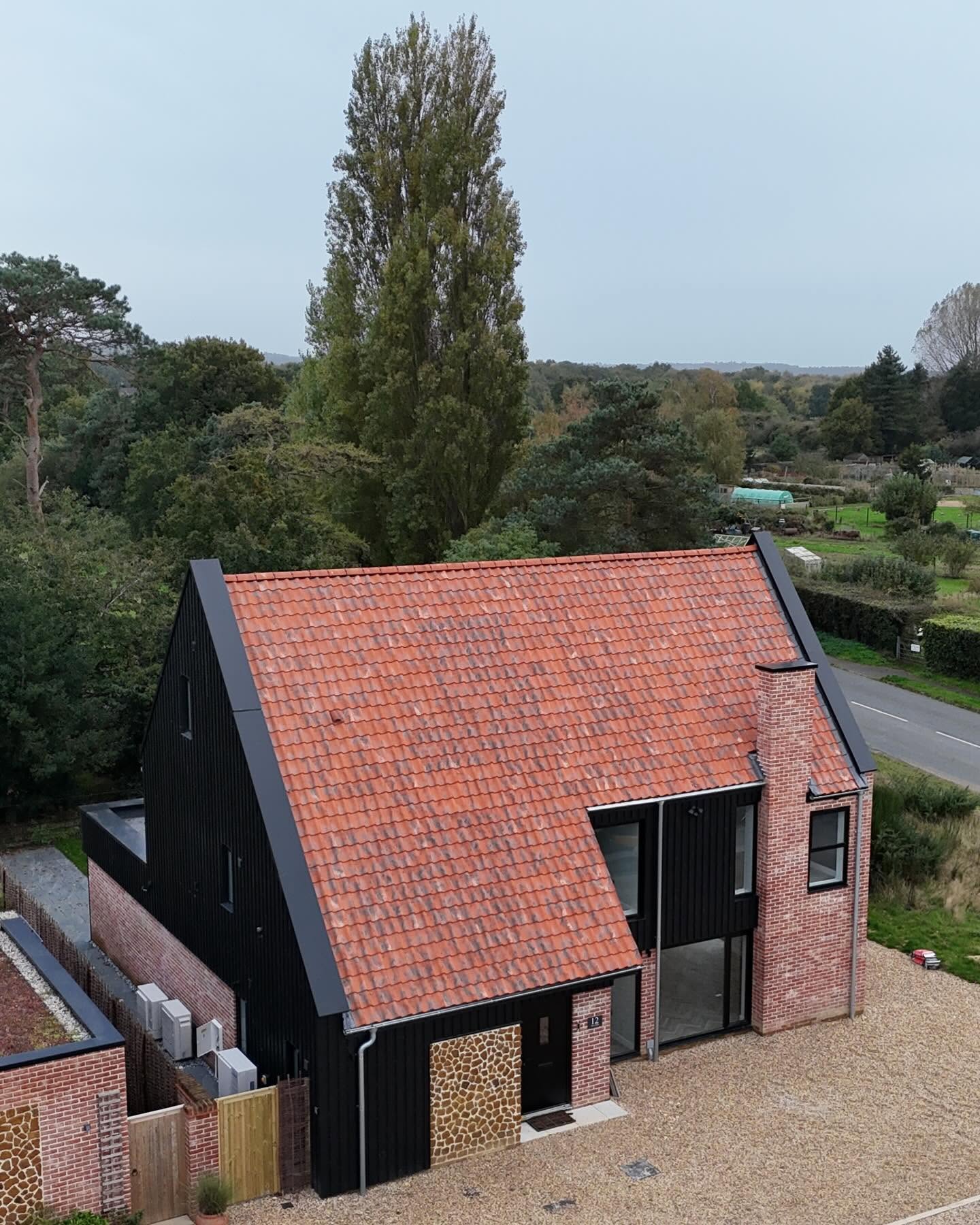 New build house with clay pantile roof, brick gable and vertical black cladding