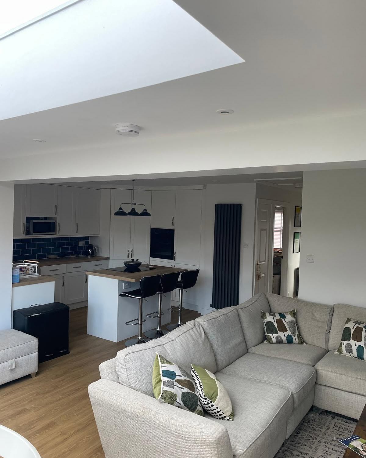 Open plan kitchen and living space with structural opening and rooflight